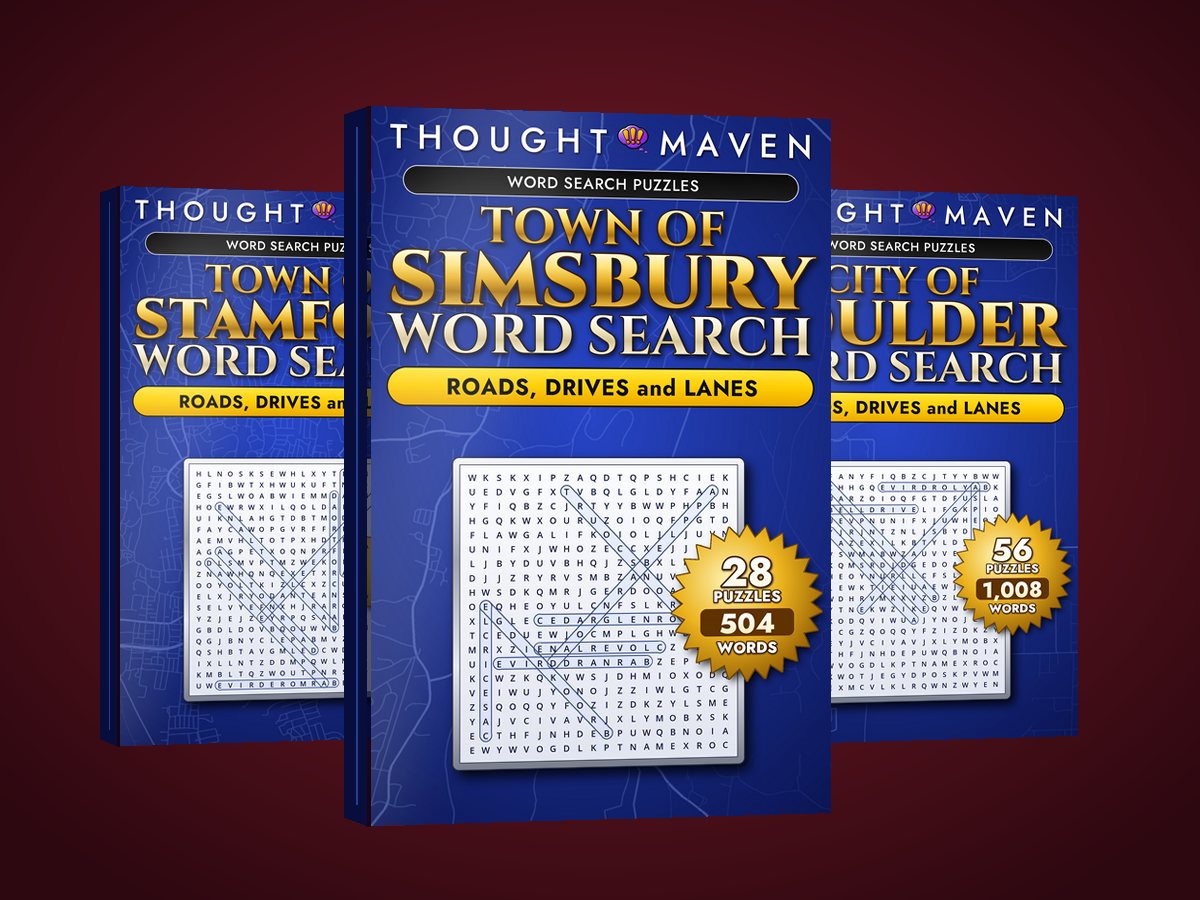 Hometown word search paperbacks for Simsbury, Stamford and Boulder